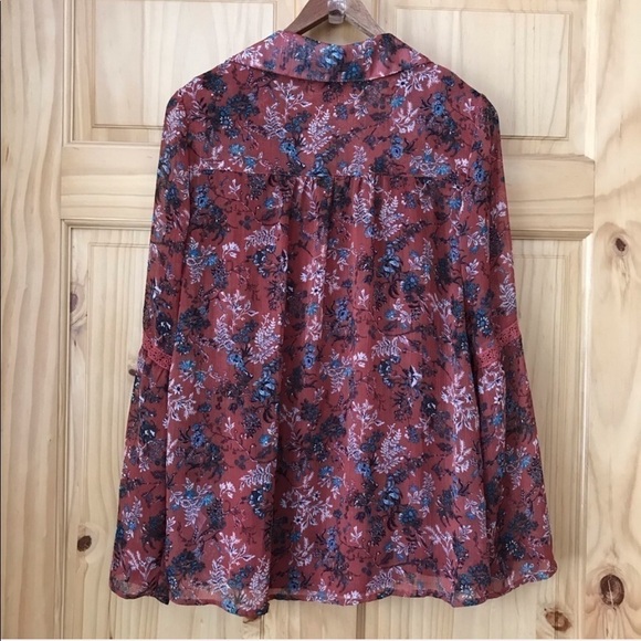 KNOX Rose crochet trim sheer boho bell sleeve floral top size M - Picture 9 of 10